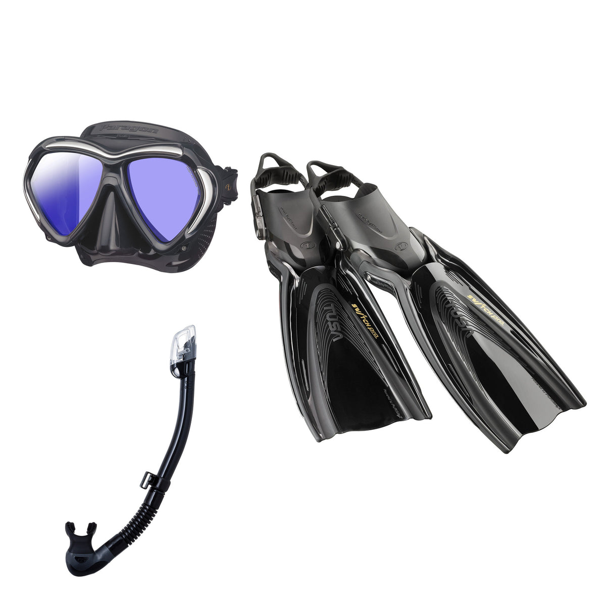 Tusa Paragon mask and Hyperdry Elite II snorkel in black, with Hyflex Switch Pro fins in black