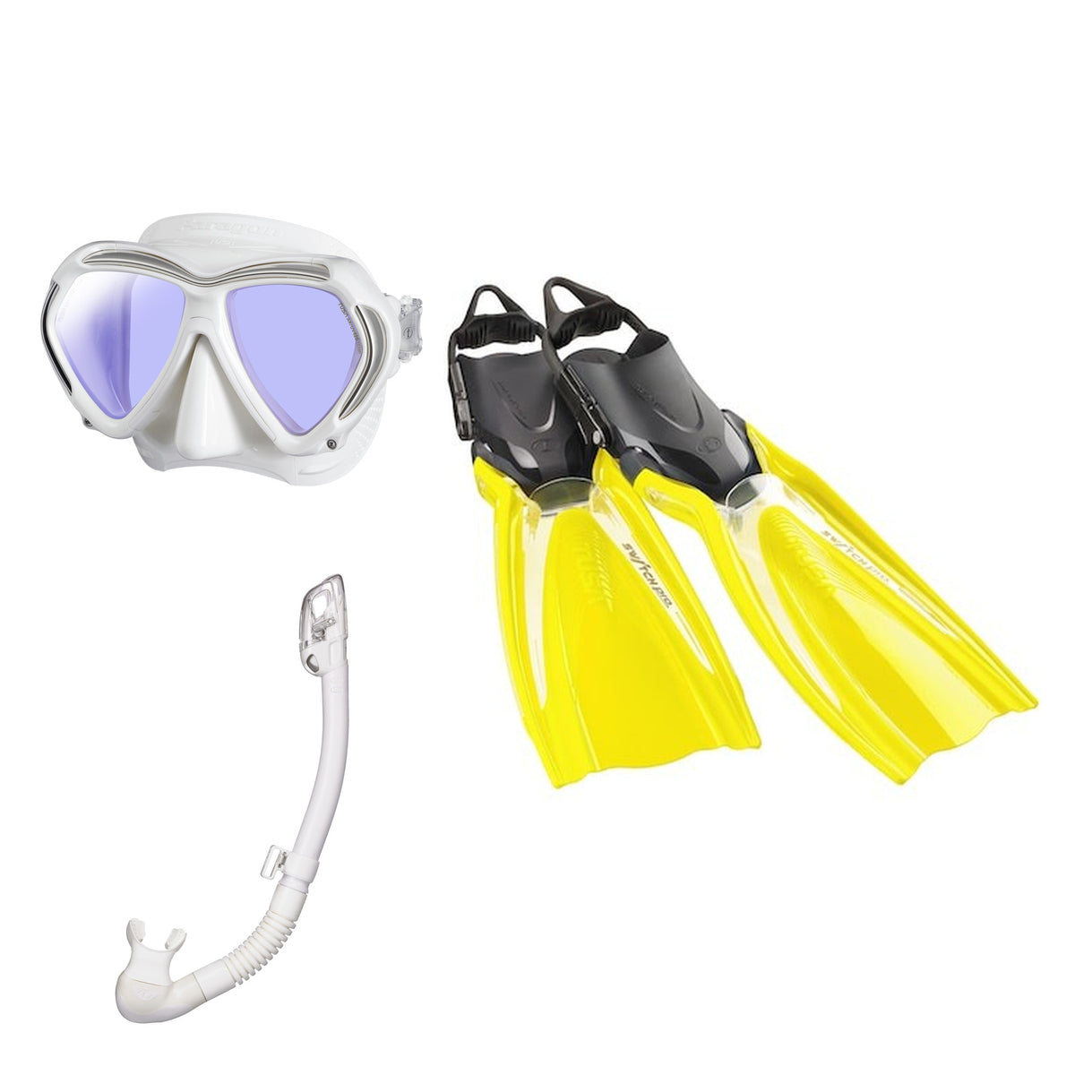 Tusa Paragon mask and Hyperdry Elite II snorkel in white, with Hyflex Switch Pro fins in yellow