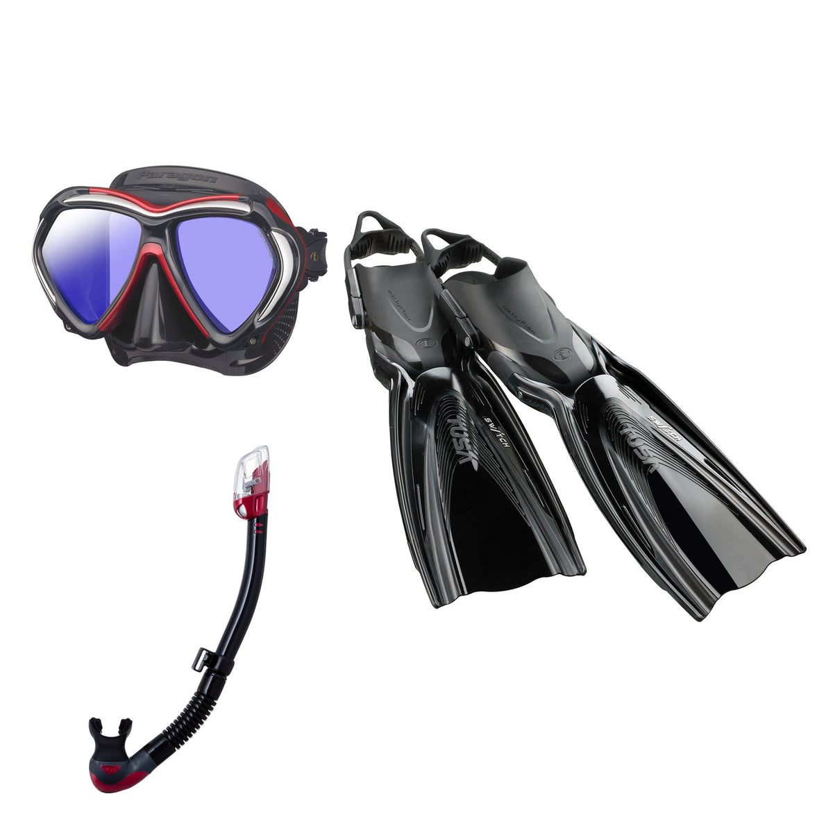 Tusa Paragon mask and Hyperdry Elite II snorkel in black and dark red, with Hyflex Switch fins in black