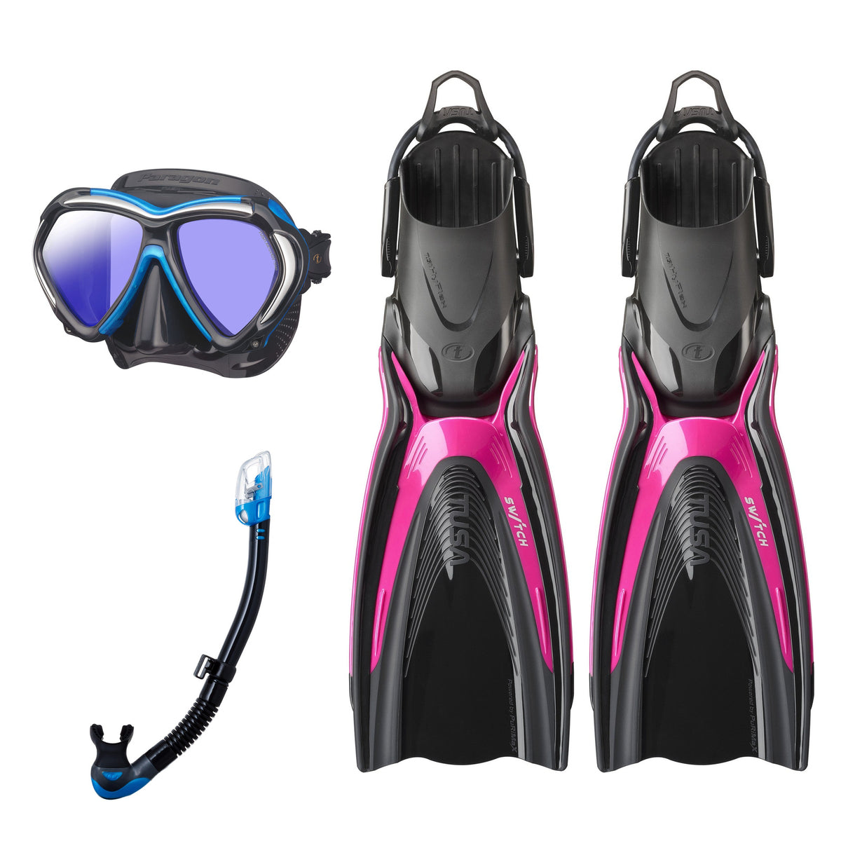 Tusa Paragon mask and Hyperdry Elite II snorkel in black and blue, with Hyflex Switch fins in pink
