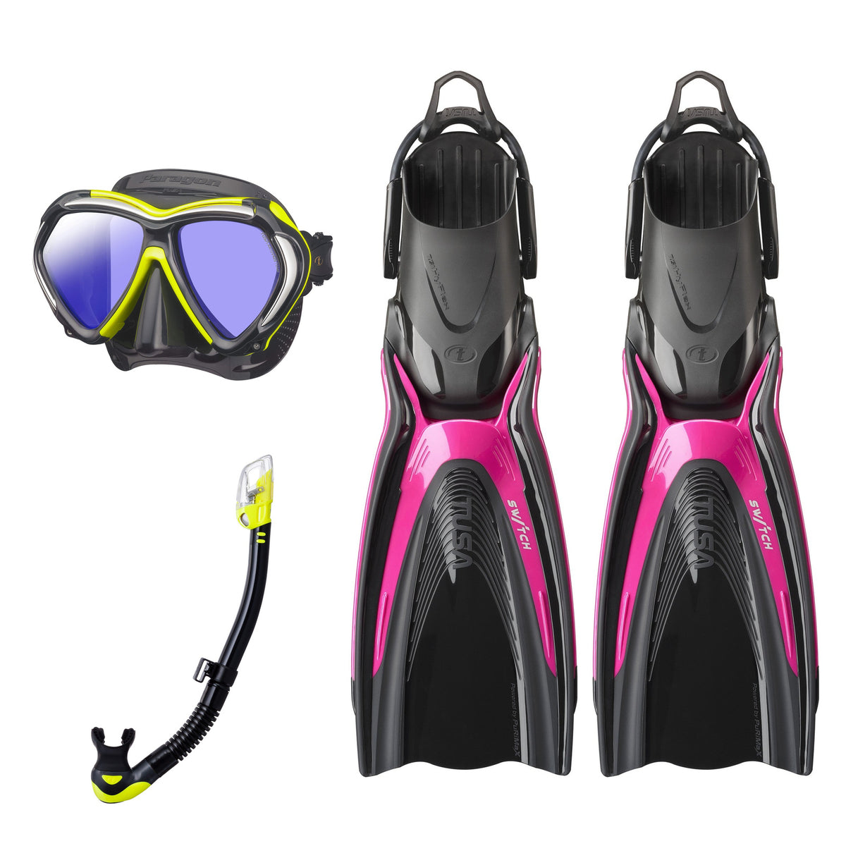 Tusa Paragon mask and Hyperdry Elite II snorkel in black and yellow, with Hyflex Switch fins in pink
