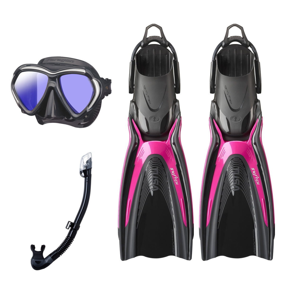 Tusa Paragon mask and Hyperdry Elite II snorkel in black, with Hyflex Switch fins in pink