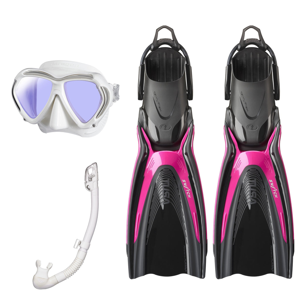 Tusa Paragon mask and Hyperdry Elite II snorkel in white, with Hyflex Switch fins in pink