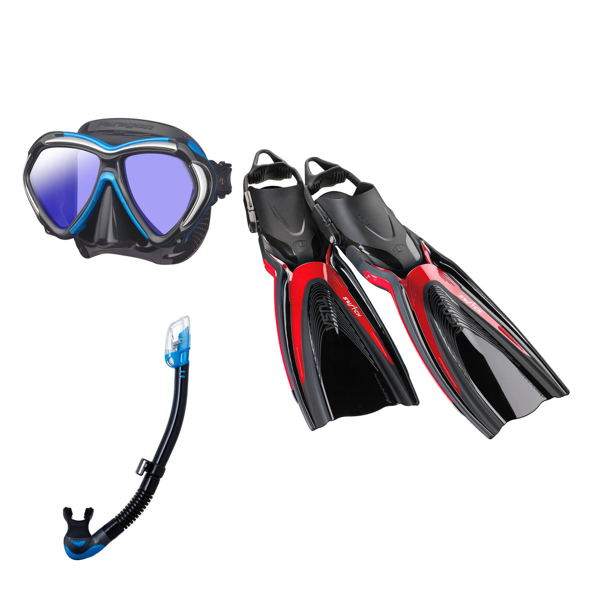 Tusa Paragon mask and Hyperdry Elite II snorkel in black and blue, with Hyflex Switch fins in dark red