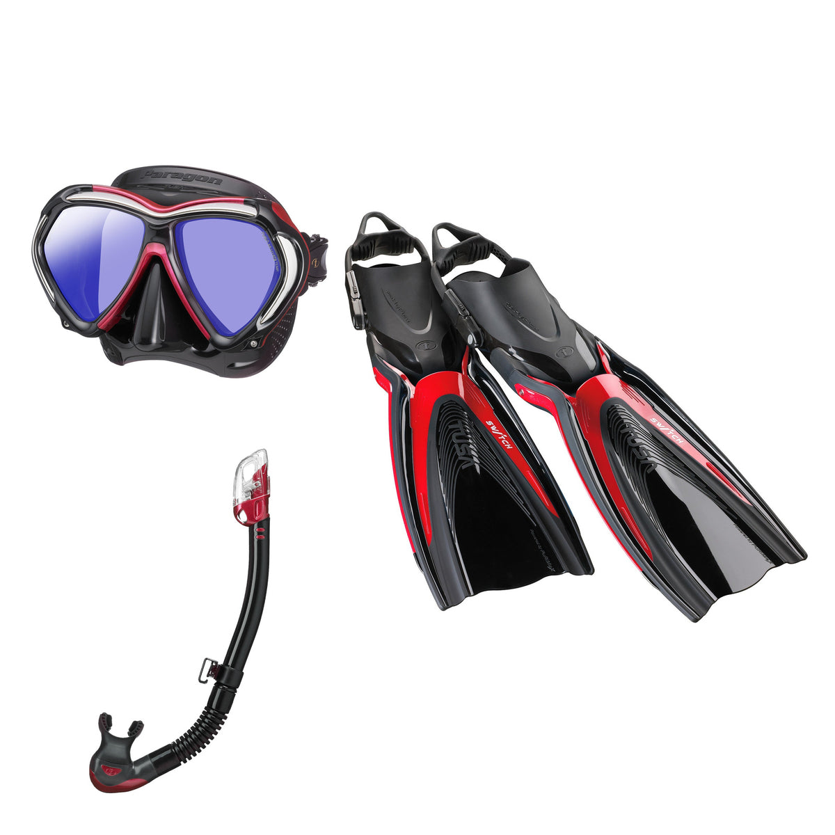 Tusa Paragon mask and Hyperdry Elite II snorkel in black and pink, with Hyflex Switch fins in dark red
