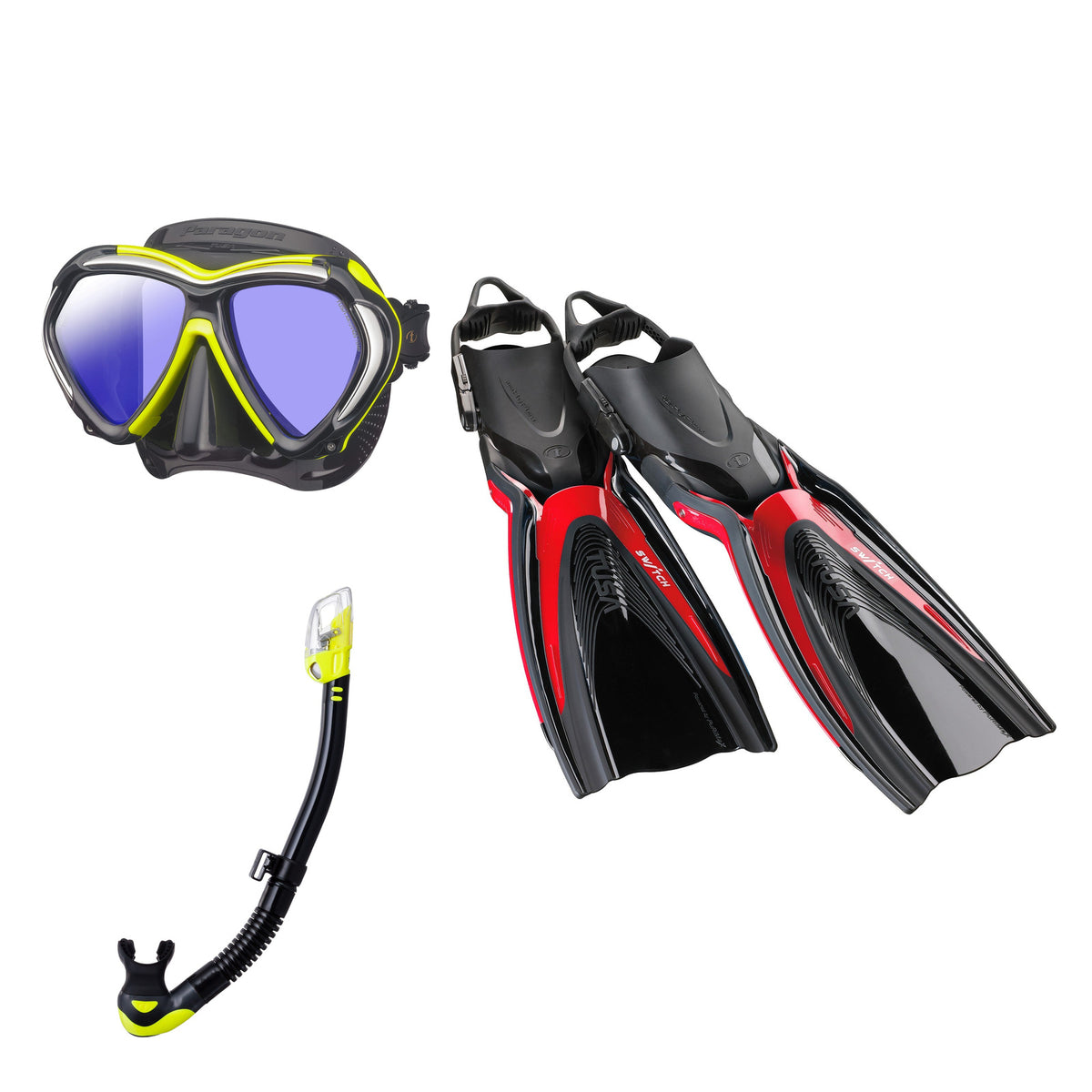 Tusa Paragon mask and Hyperdry Elite II snorkel in black and yellow, with Hyflex Switch fins in dark red