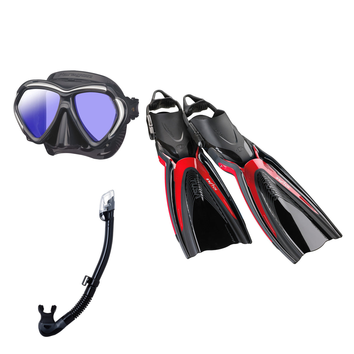 Tusa Paragon mask and Hyperdry Elite II snorkel in black, with Hyflex Switch fins in black