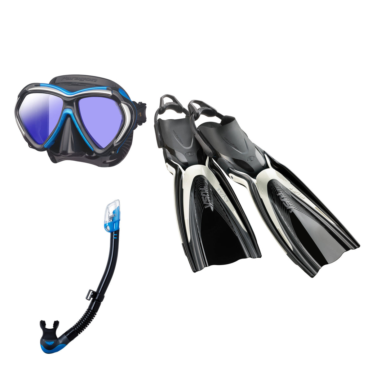 Tusa Paragon mask and Hyperdry Elite II snorkel in black and blue, with Hyflex Switch fins in white