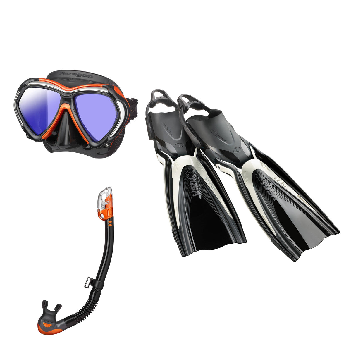 Tusa Paragon mask and Hyperdry Elite II snorkel in black and orange, with Hyflex Switch fins in white