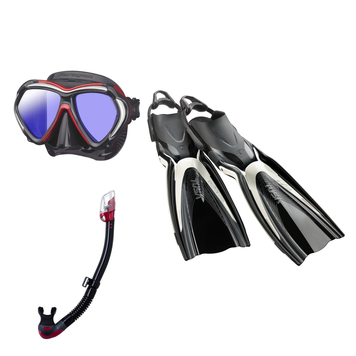 Tusa Paragon mask and Hyperdry Elite II snorkel in black and dark red, with Hyflex Switch fins in white