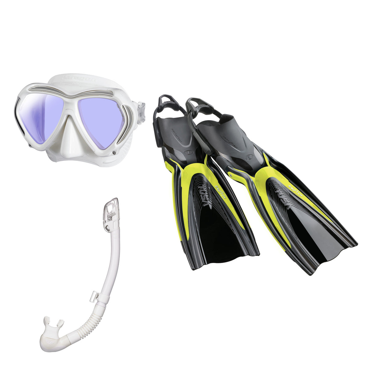 Tusa Paragon mask and Hyperdry Elite II snorkel in white, with Hyflex Switch fins in yellow