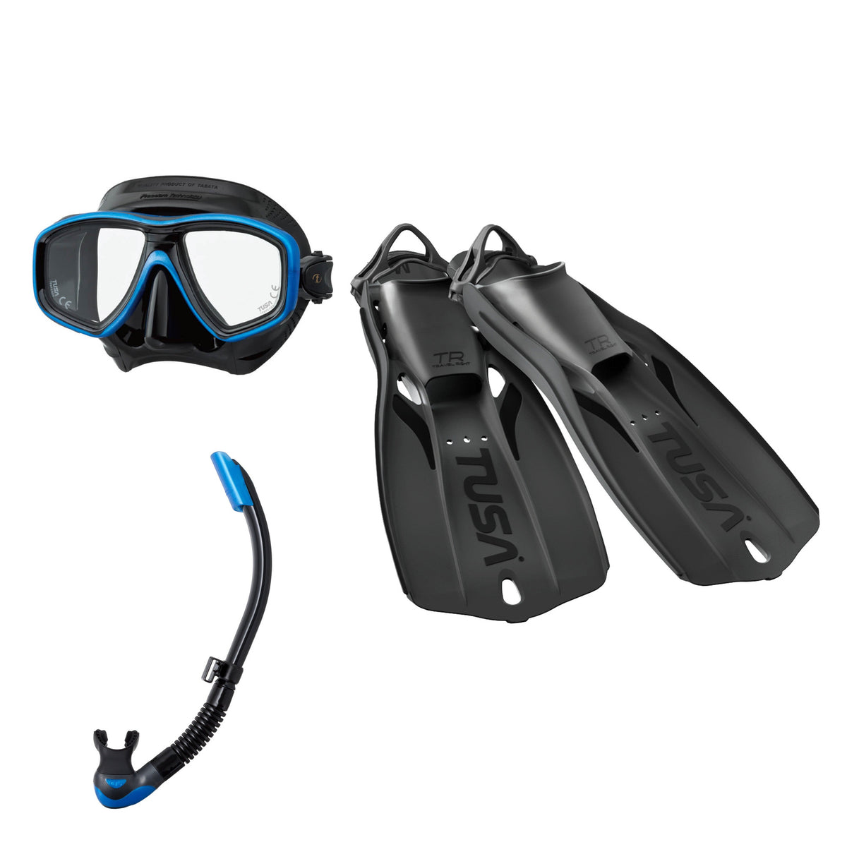 Tusa Freedom Ceos mask and Platina II snorkel in black, with Travel Right fins in black