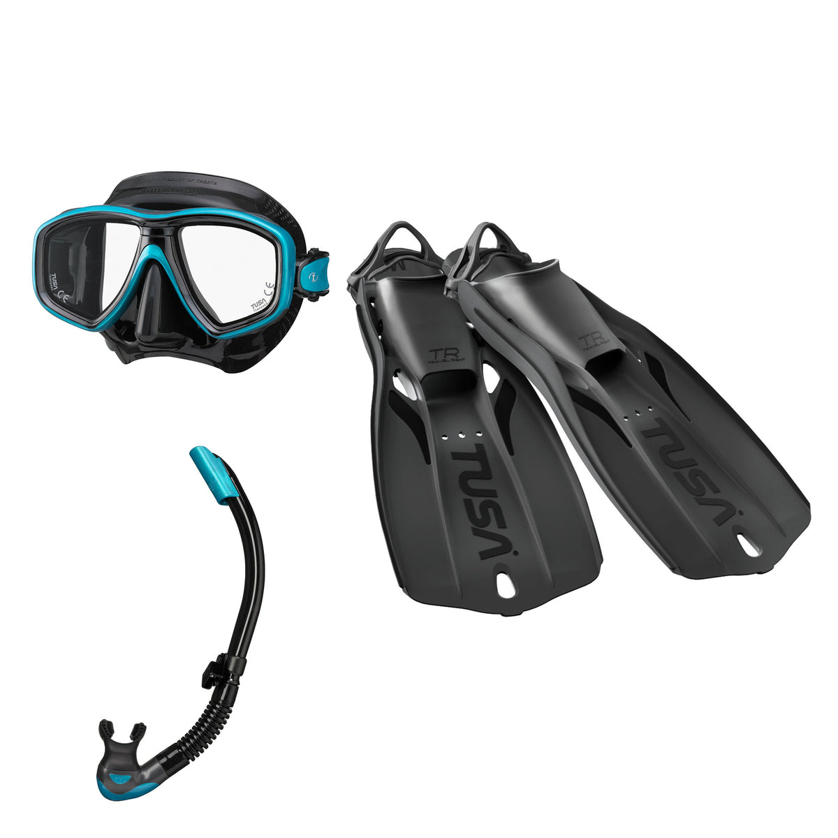 Tusa Freedom Ceos mask and Platina II snorkel in black and turquoise, with Travel Right fins in black