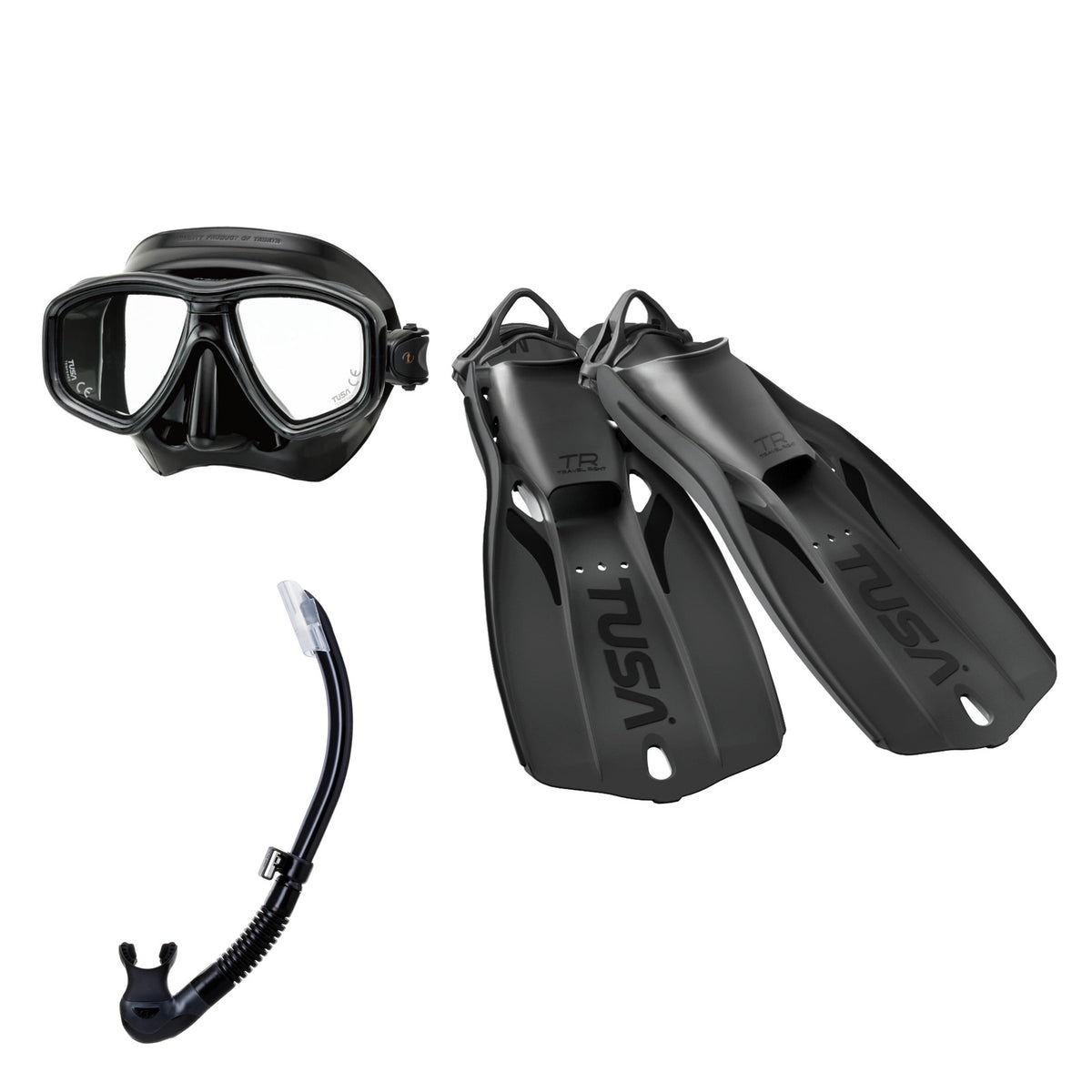 Tusa Freedom Ceos mask and Platina II snorkel in black, with Travel Right fins in black