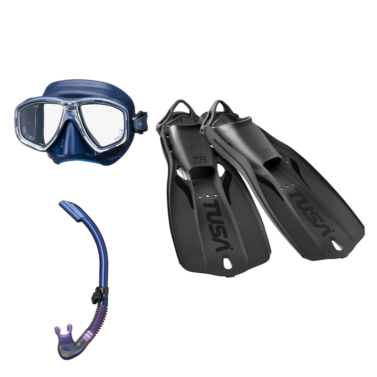 Tusa Freedom Ceos mask and Platina II snorkel in navy, with Travel Right fins in black