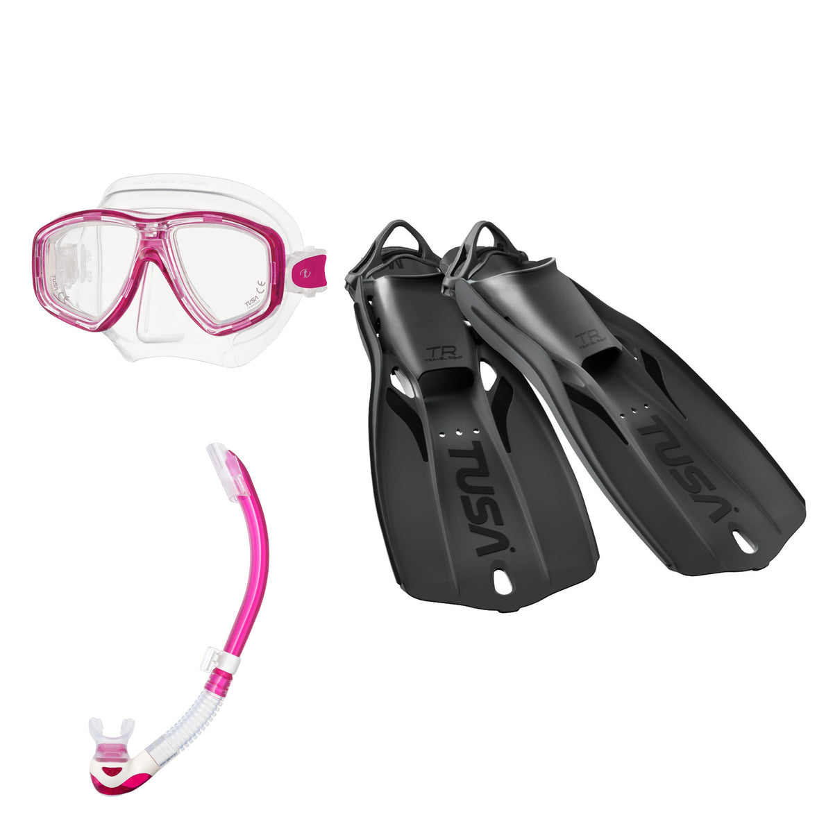 Tusa Freedom Ceos mask and Platina II snorkel in clear and pink, with Travel Right fins in black