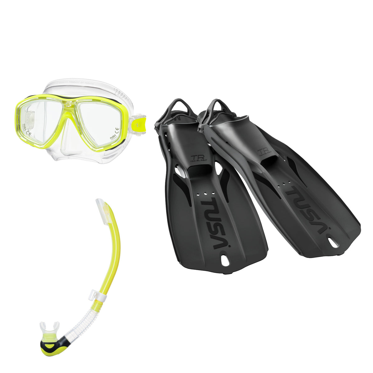 Tusa Freedom Ceos mask and Platina II snorkel in clear and yellow, with Travel Right fins in black