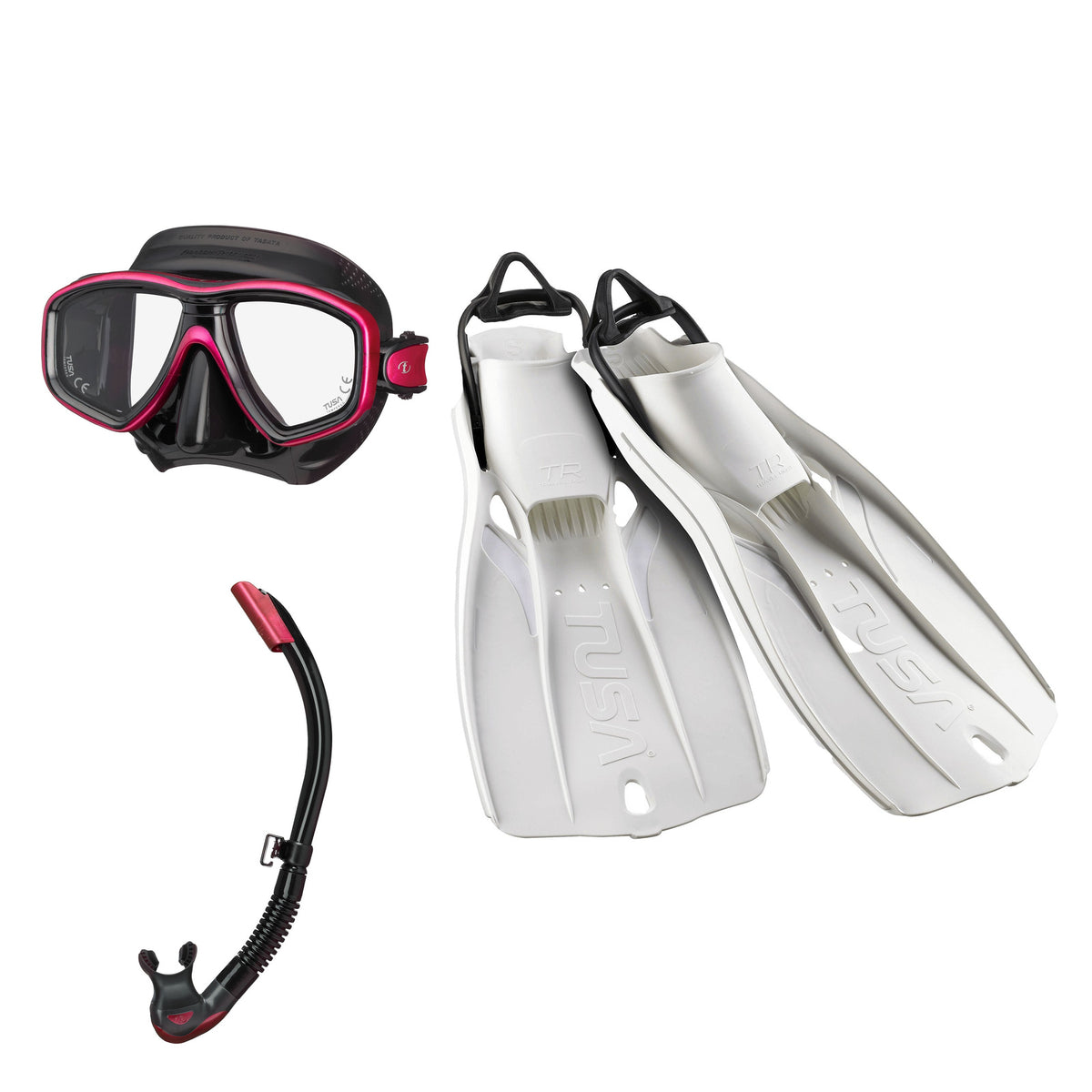 Tusa Freedom Ceos mask and Platina II snorkel in black and pink, with Travel Right fins in white
