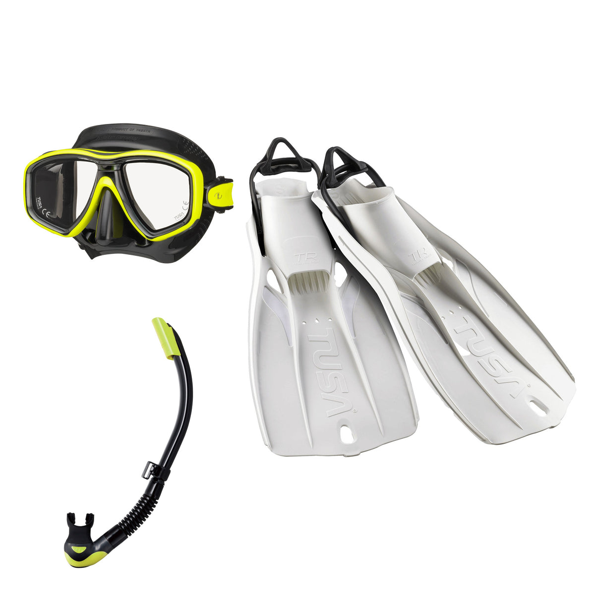 Tusa Freedom Ceos mask and Platina II snorkel in black and yellow, with Travel Right fins in white