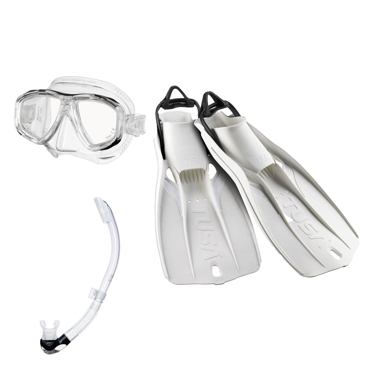 Tusa Freedom Ceos mask and Platina II snorkel in clear, with Travel Right fins in white
