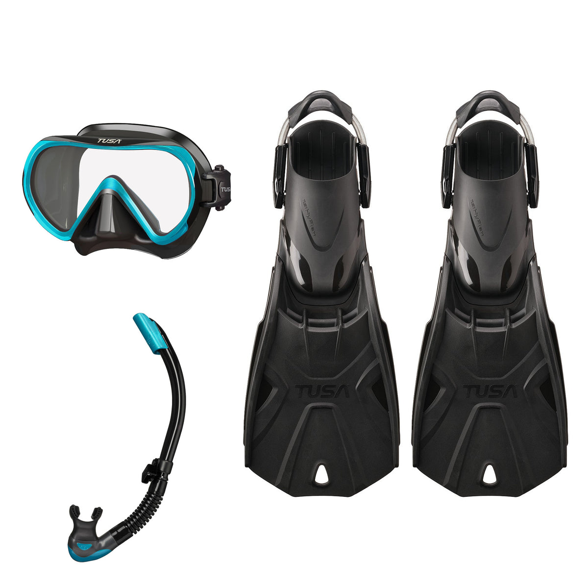 Tusa Ino mask and Platina II snorkel in black and turquoise, with Hyflex Tri-Force fins in black