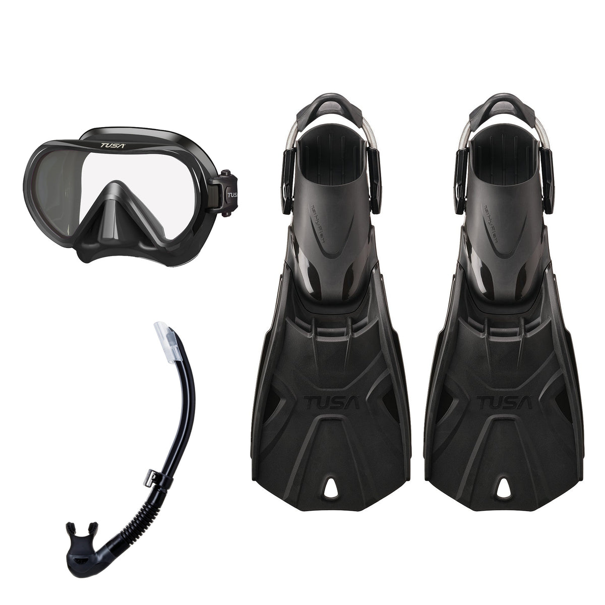 Tusa Ino mask and Platina II snorkel in black, with Hyflex Tri-Force fins in black