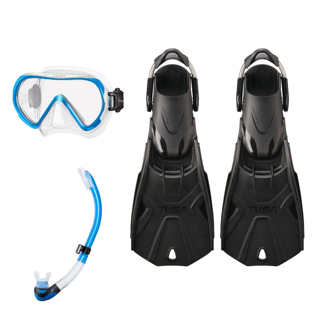 Tusa Ino mask and Platina II snorkel in clear and bright blue, with Hyflex Tri-Force fins in black