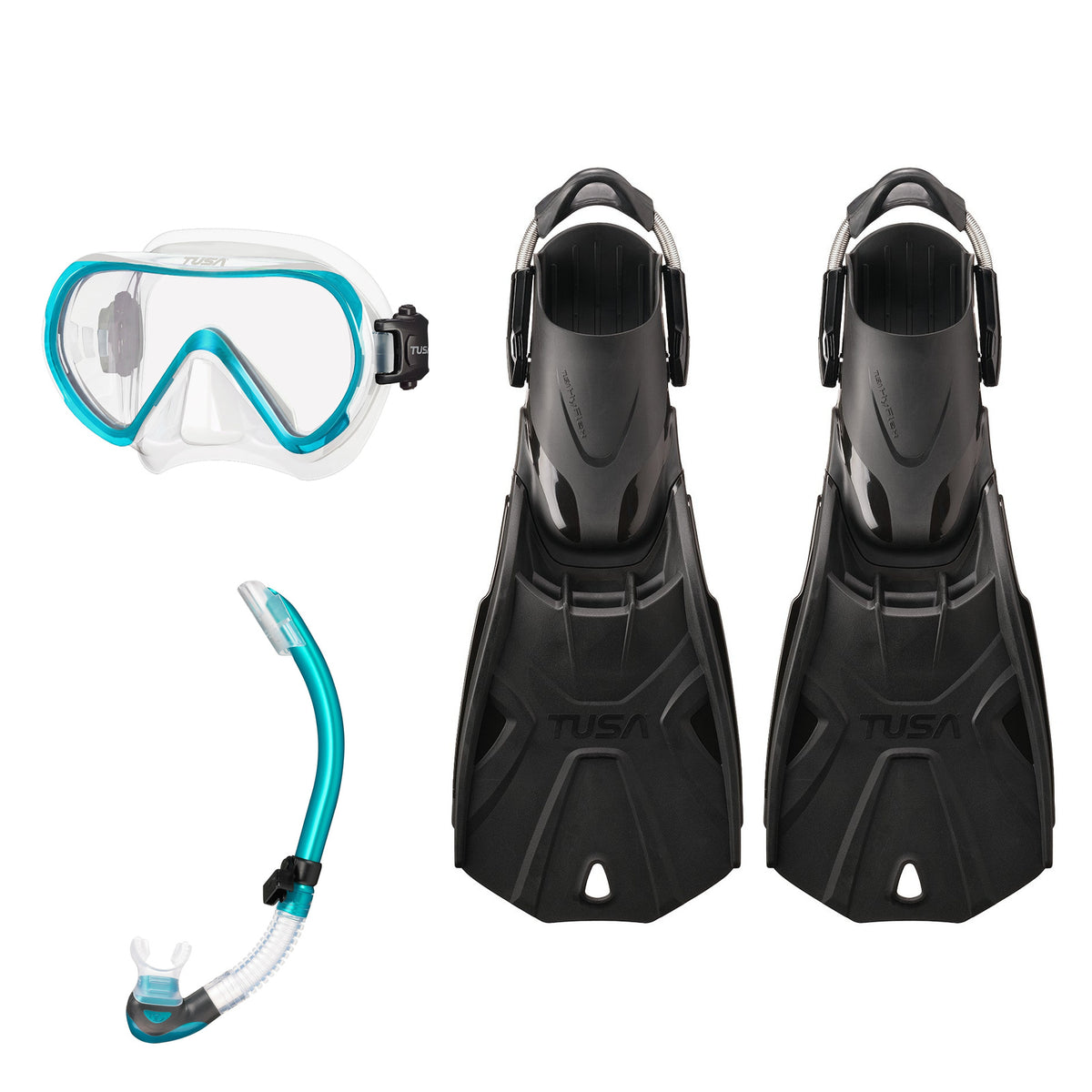 Tusa Ino mask and Platina II snorkel in clear and turquoise, with Hyflex Tri-Force fins in black