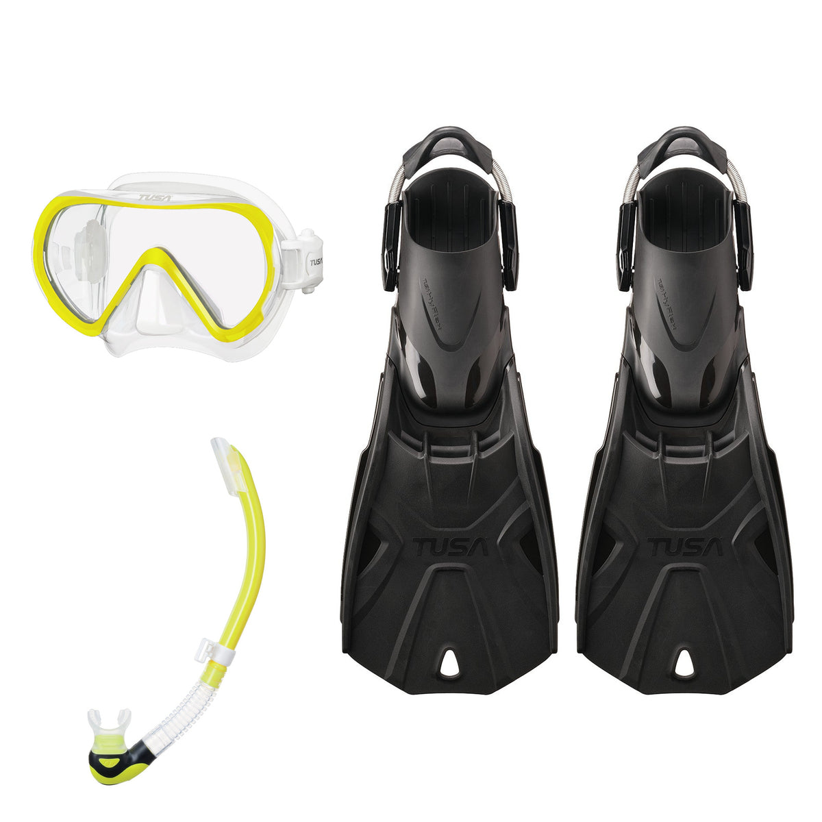 Tusa Ino mask and Platina II snorkel in clear and yellow, with Hyflex Tri-Force fins in black