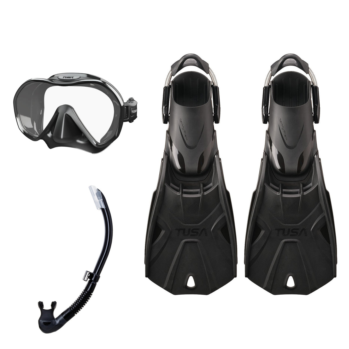 Tusa Zensee mask and Platina II snorkel in black, with Hyflex Tri-Force fins in black