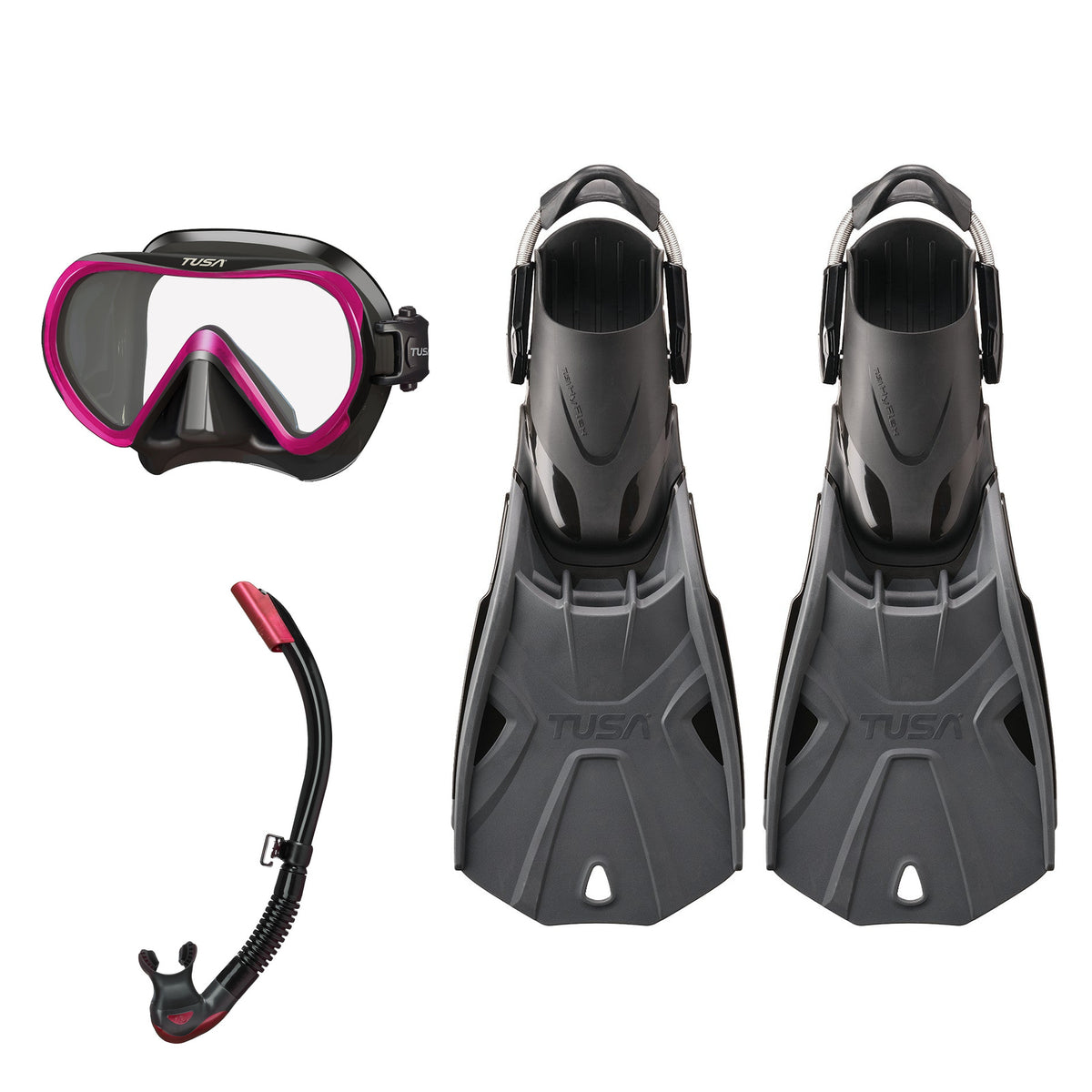 Tusa Ino mask and Platina II snorkel in black and pink, with Hyflex Tri-Force fins in graphite