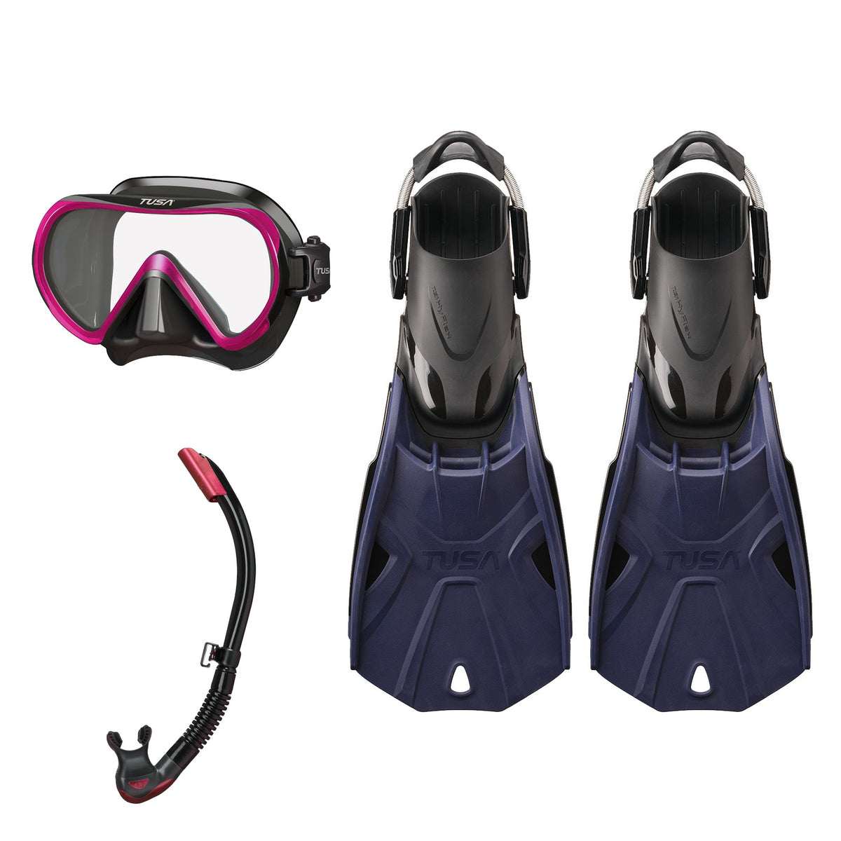 Tusa Ino mask and Platina II snorkel in black and pink, with Hyflex Tri-Force fins in navy