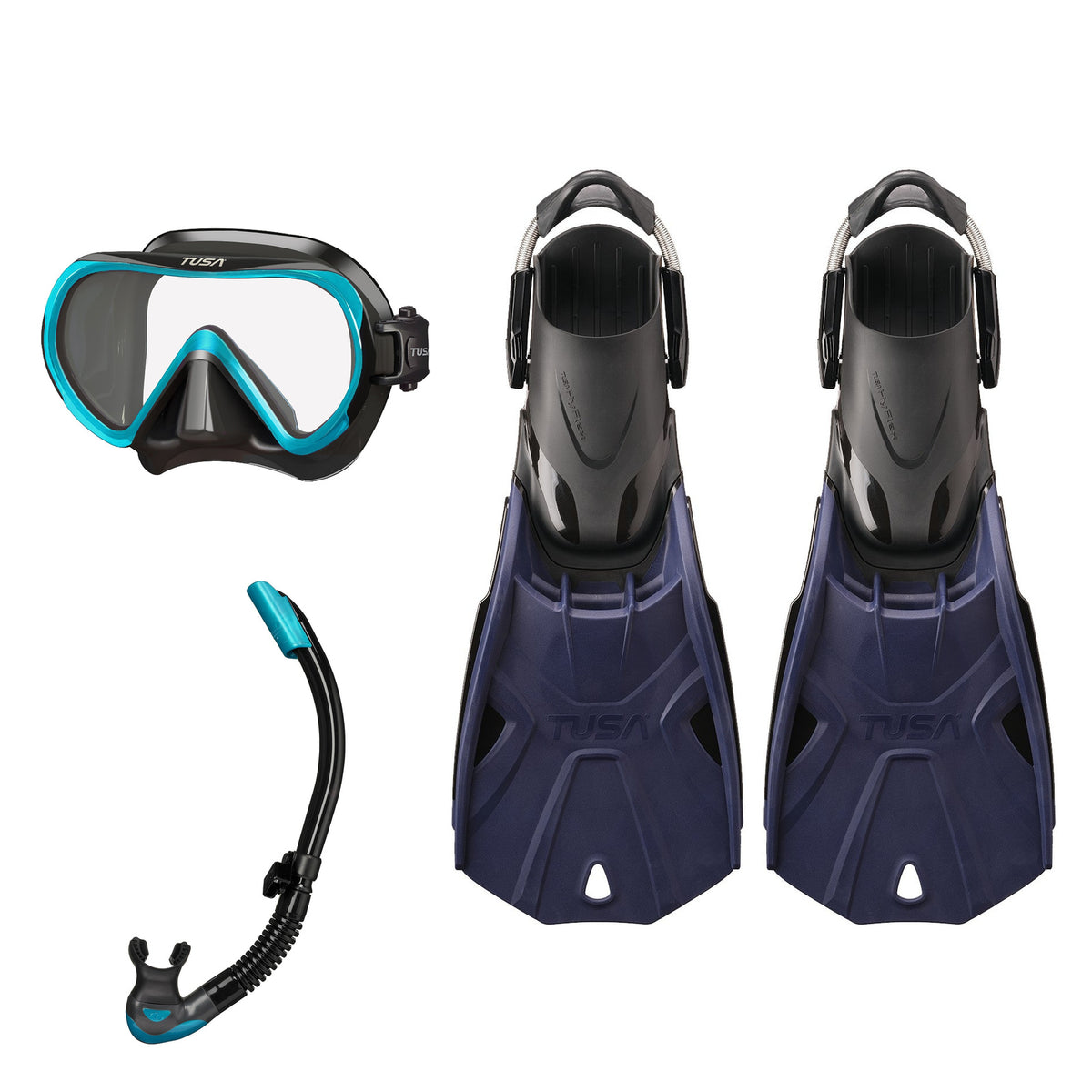 Tusa Ino mask and Platina II snorkel in black and turquoise, with Hyflex Tri-Force fins in navy
