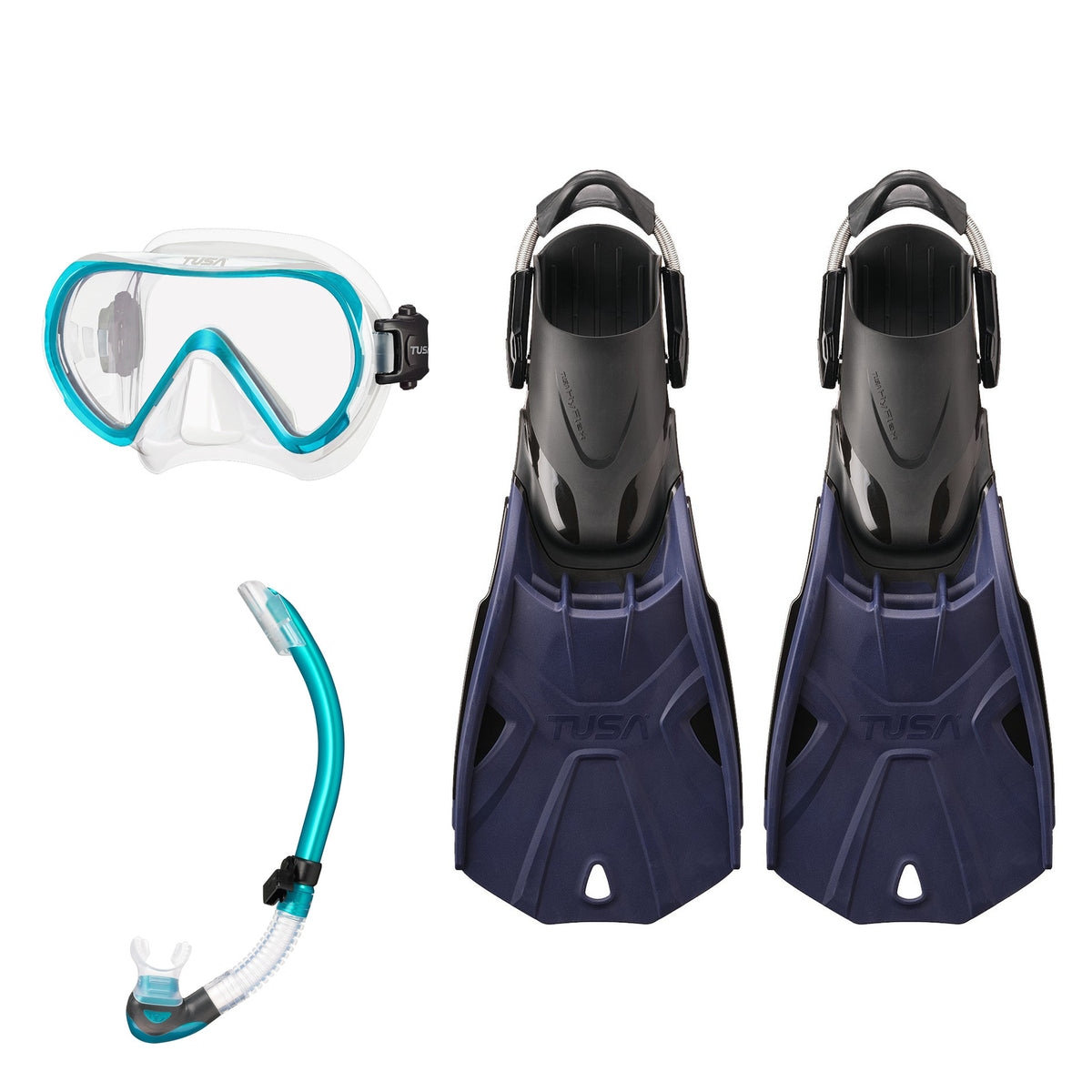 Tusa Ino mask and Platina II snorkel in clear and turquoise, with Hyflex Tri-Force fins in navy
