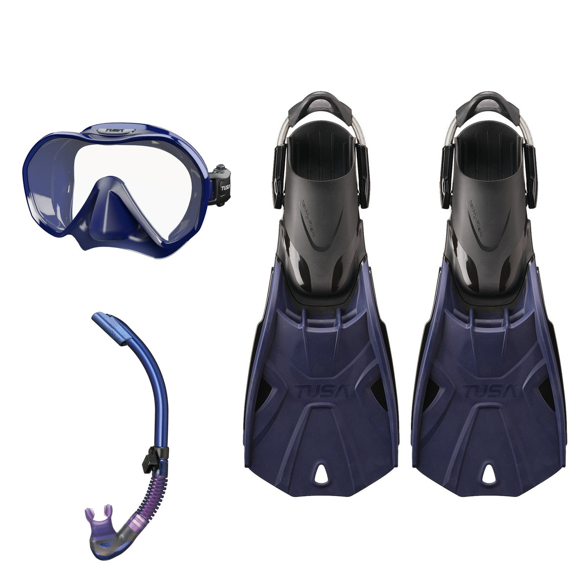 Tusa Zensee mask and Platina II snorkel in navy, with Hyflex Tri-Force fins in navy