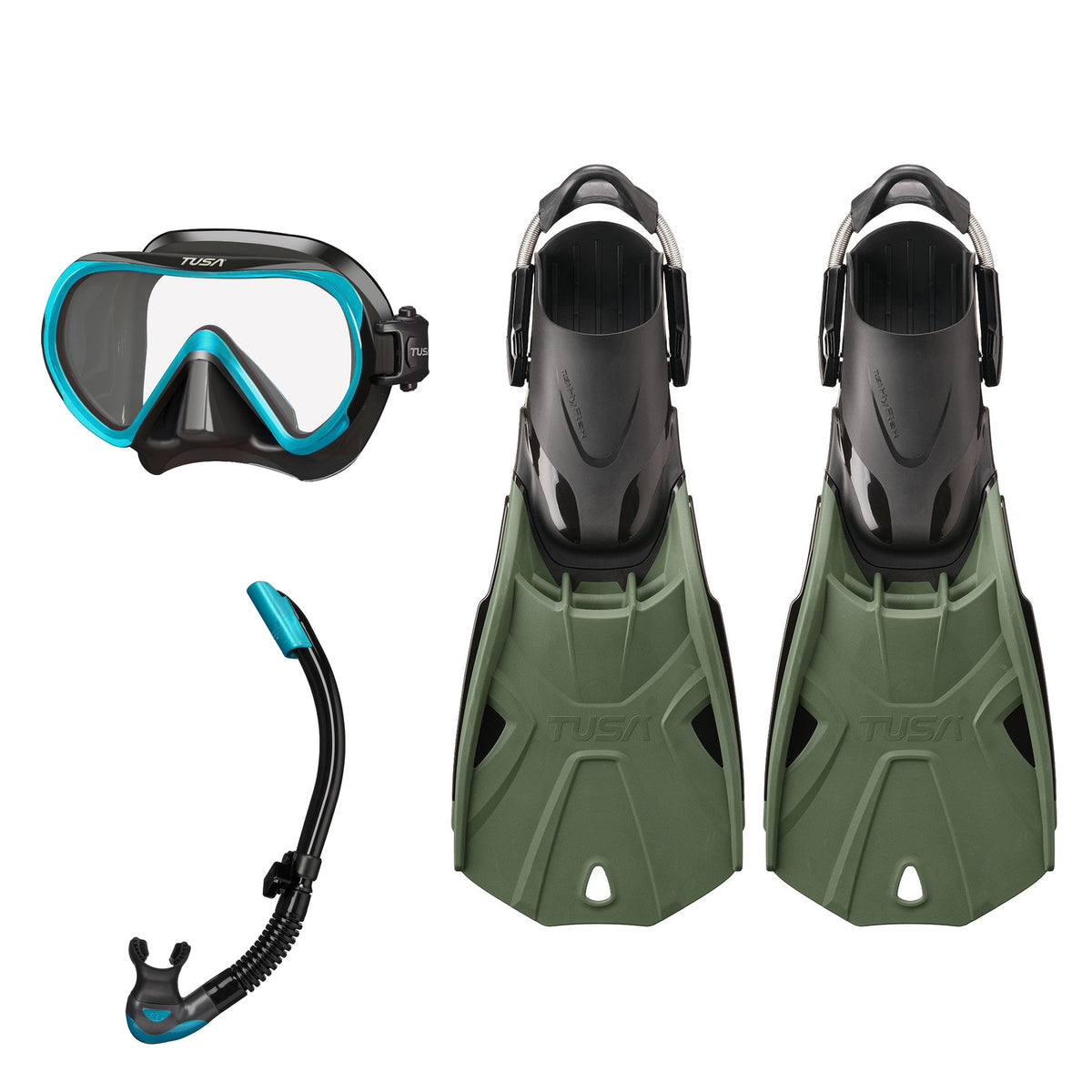 Tusa Ino mask and Platina II snorkel in black and turquoise, with Hyflex Tri-Force fins in olive