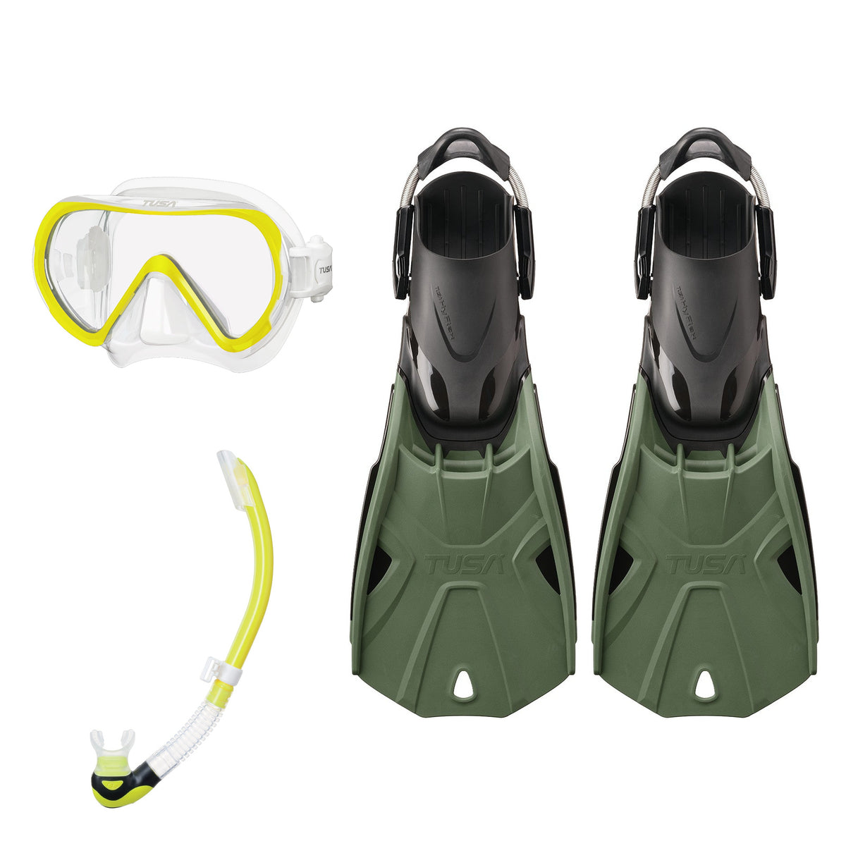 Tusa Ino mask and Platina II snorkel in clear and yellow, with Hyflex Tri-Force fins in olive