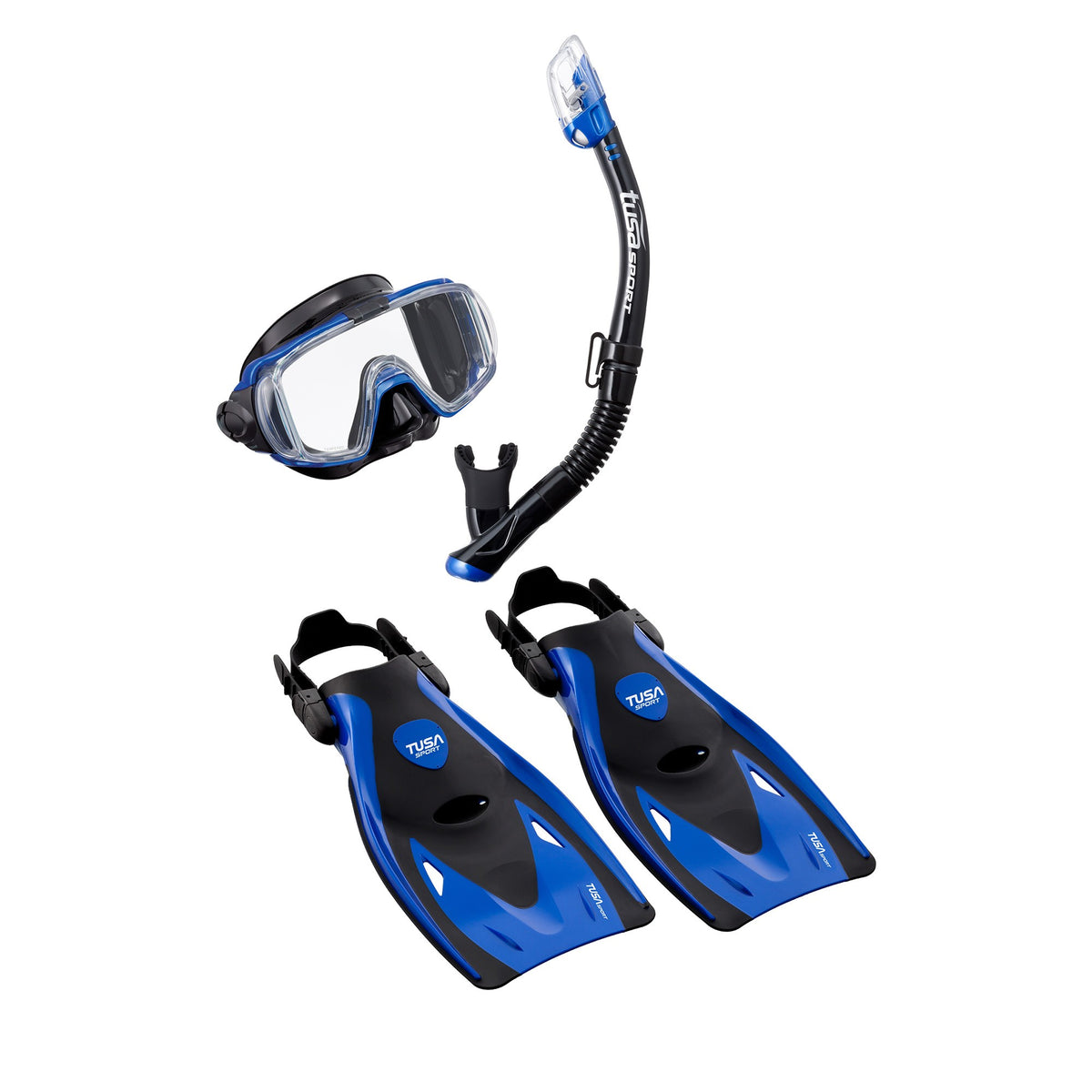 Tusa Visio Tri-Ex adult travel set in blue: mask, dry snorkel and fins