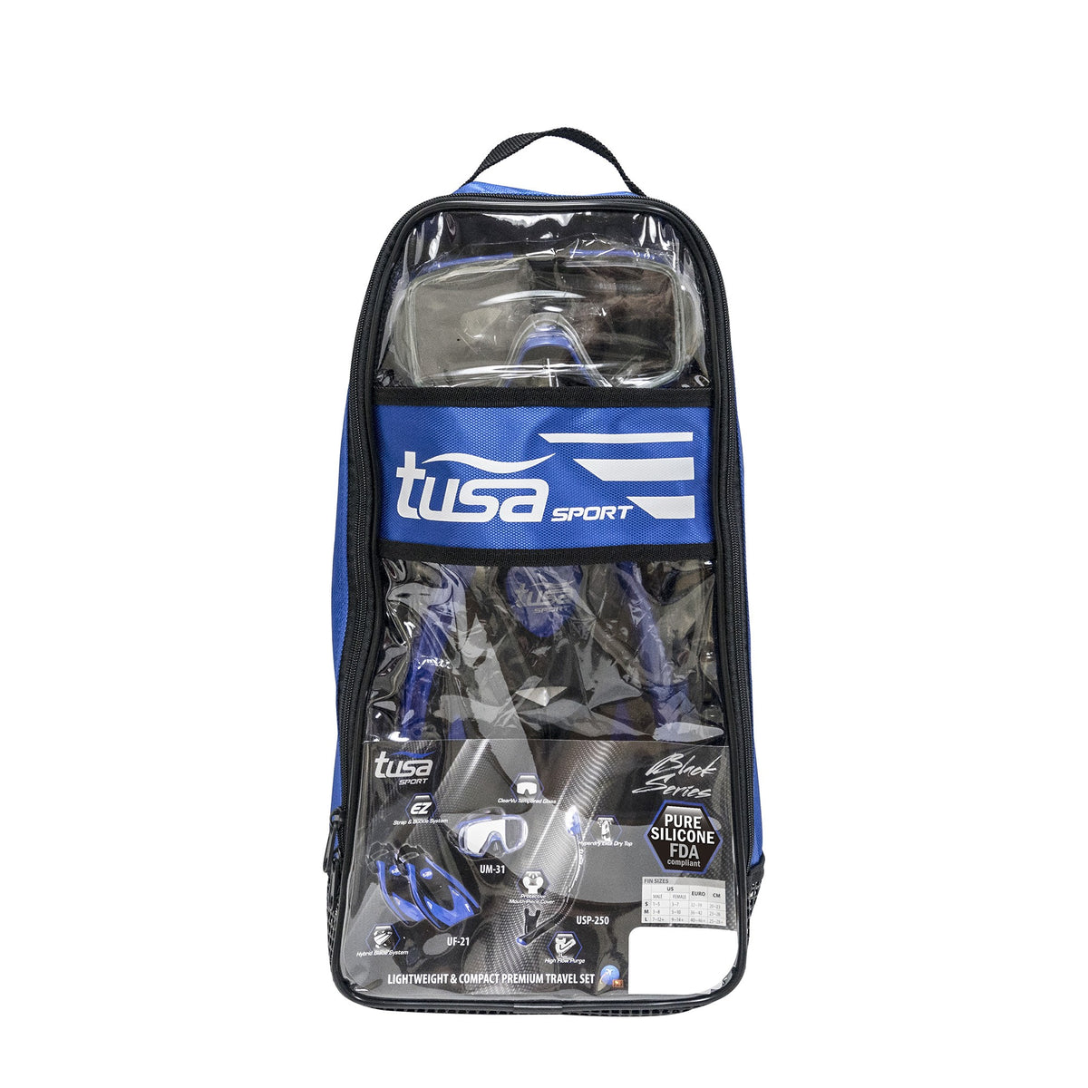 Tusa Visio Tri-Ex adult travel set in blue: mask, dry snorkel and fins