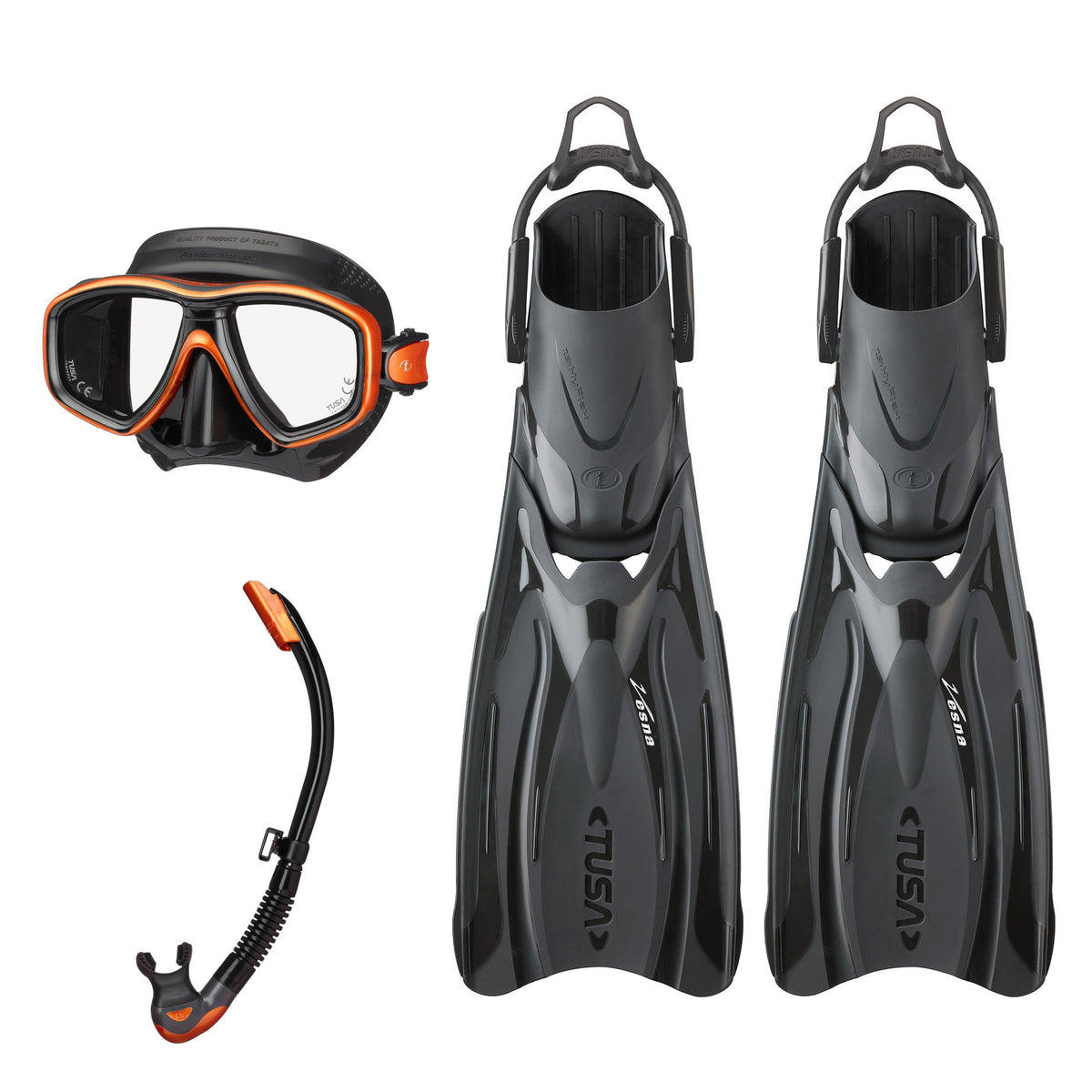 Tusa Freedom Ceos mask and Platina II snorkel in black and orange, with Hyflex Vesna fins in black