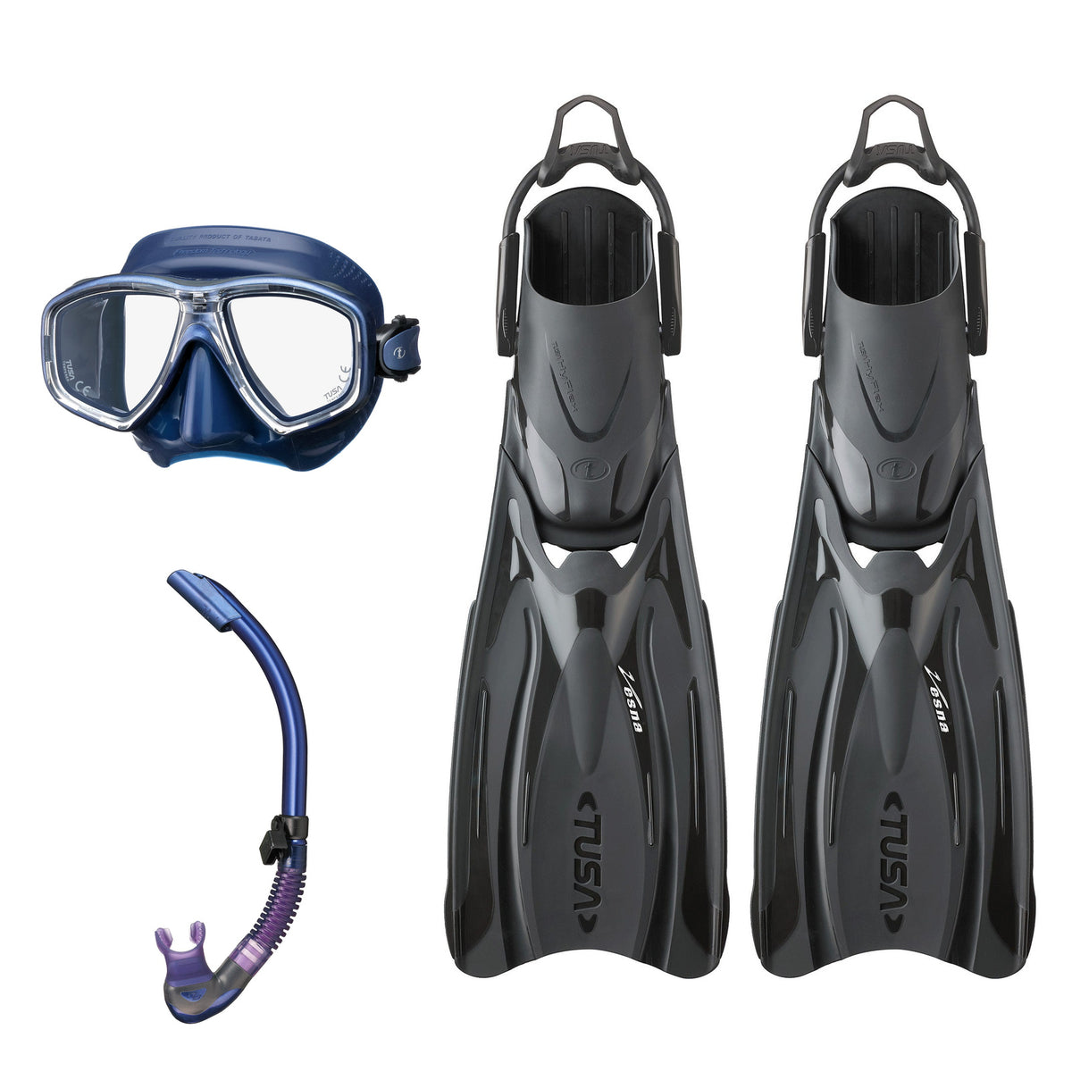 Tusa Freedom Ceos mask and Platina II snorkel in navy, with Hyflex Vesna fins in black