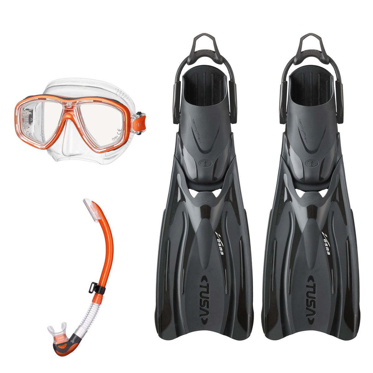 Tusa Freedom Ceos mask and Platina II snorkel in clear and orange, with Hyflex Vesna fins in black