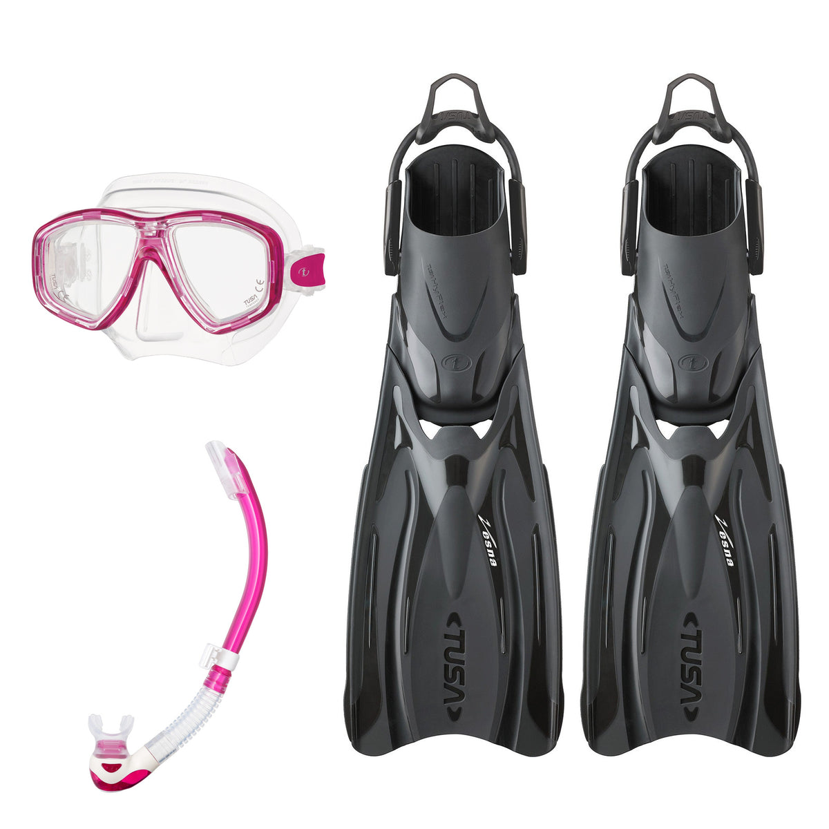 Tusa Freedom Ceos mask and Platina II snorkel in clear and pink, with Hyflex Vesna fins in black