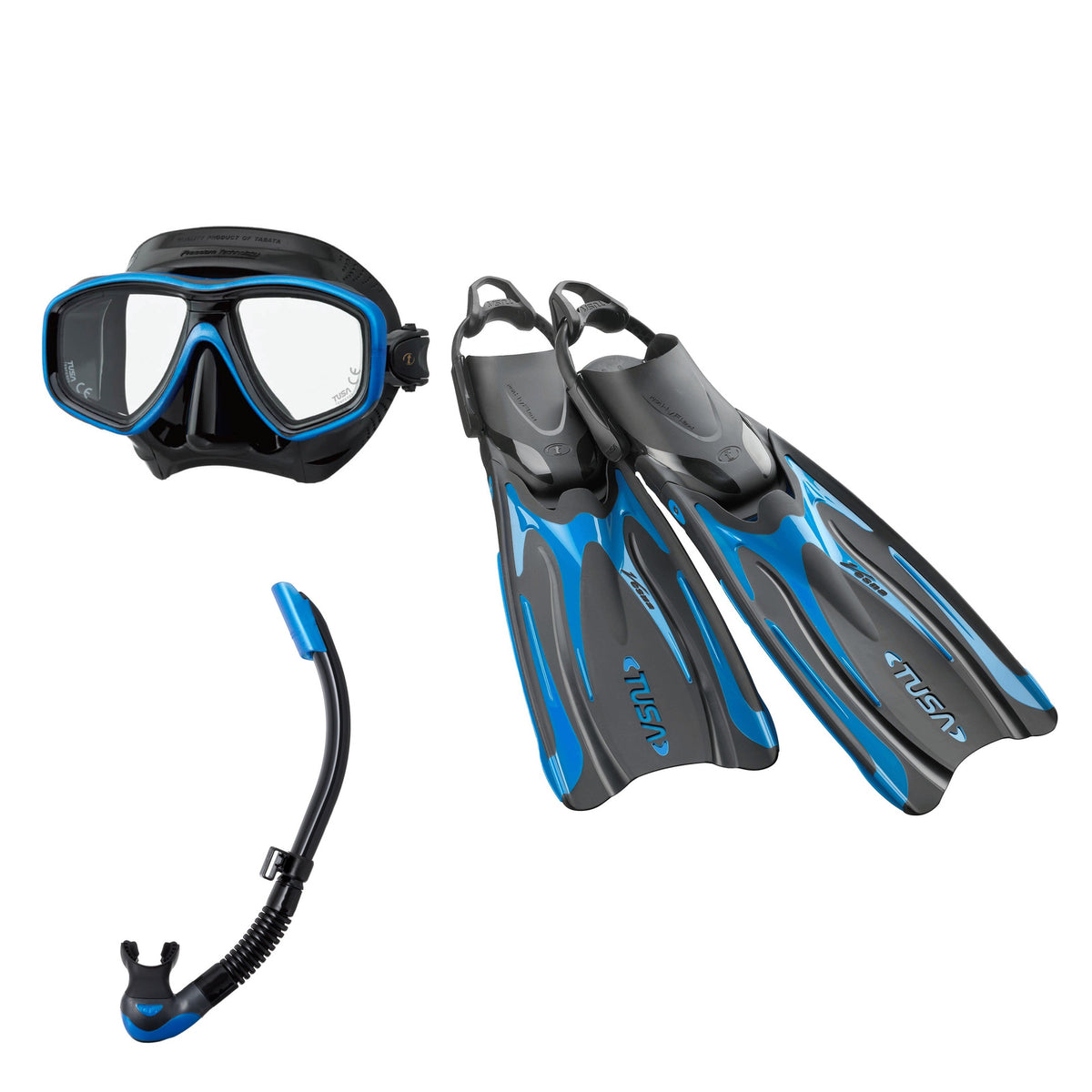 Tusa Freedom Ceos mask and Platina II snorkel in black and blue, with Hyflex Vesna fins in bright blue