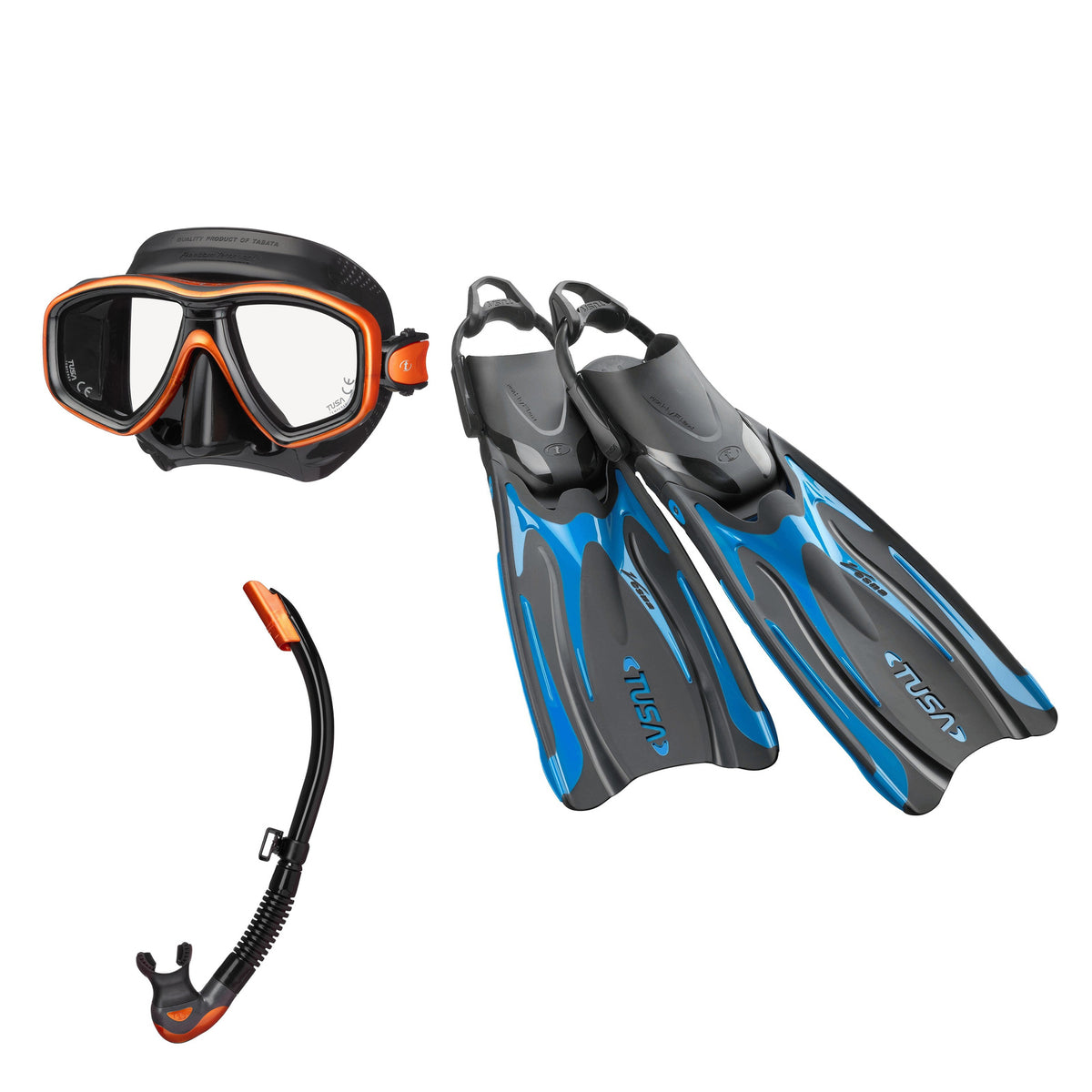 Tusa Freedom Ceos mask and Platina II snorkel in black and orange, with Hyflex Vesna fins in bright blue