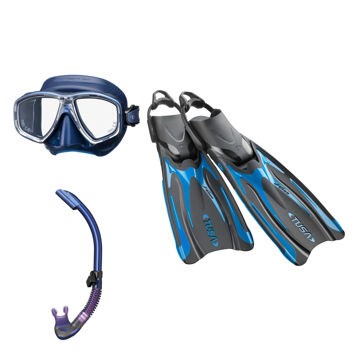 Tusa Freedom Ceos mask and Platina II snorkel in navy, with Hyflex Vesna fins in bright blue