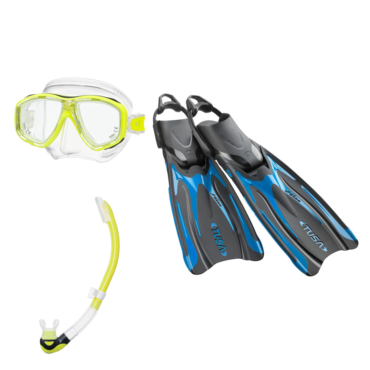 Tusa Freedom Ceos mask and Platina II snorkel in clear and yellow, with Hyflex Vesna fins in bright blue