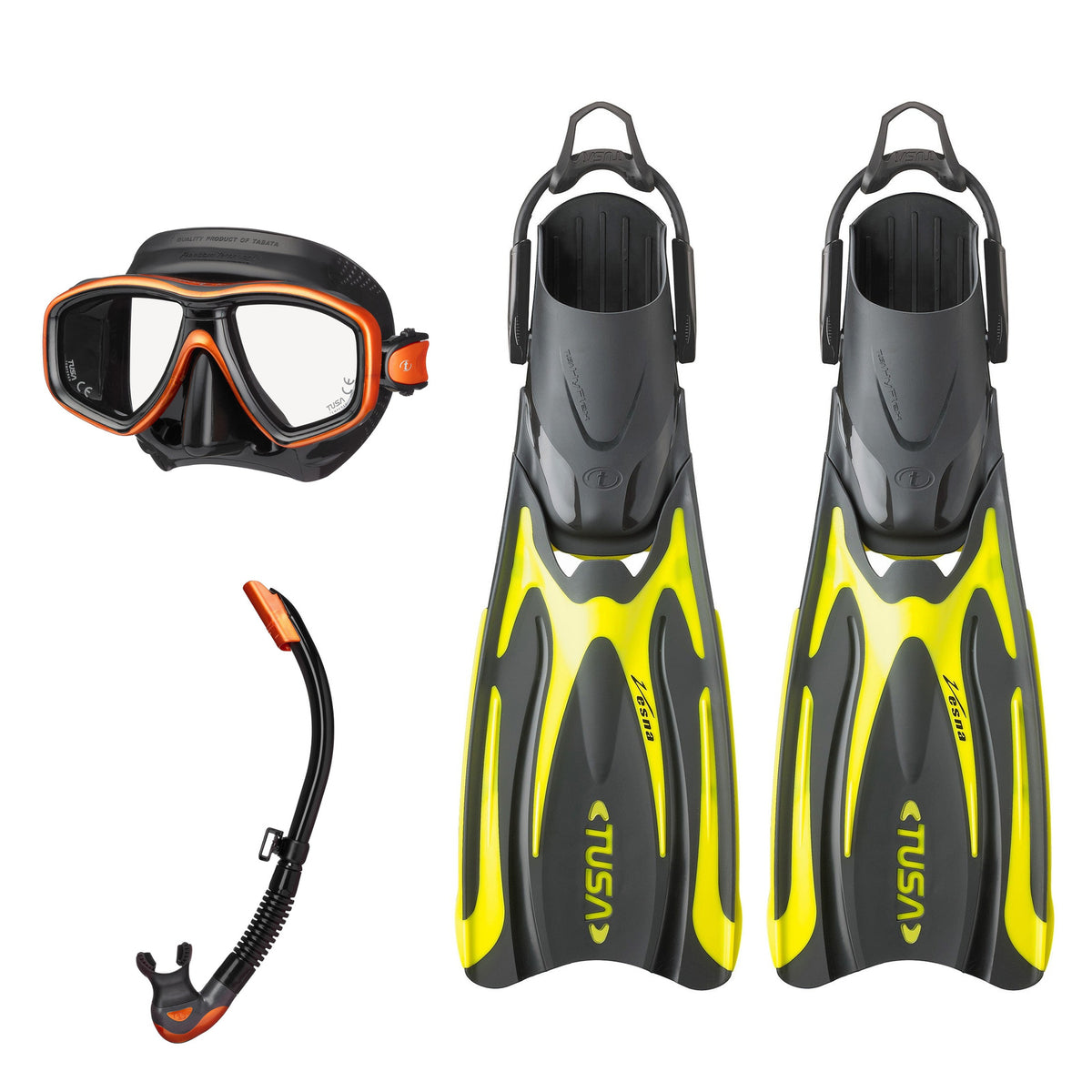 Tusa Freedom Ceos mask and Platina II snorkel in black and orange, with Hyflex Vesna fins in yellow