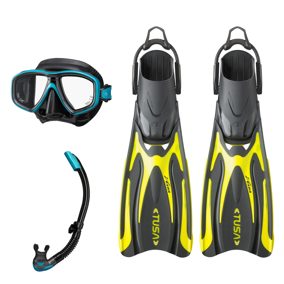 Tusa Freedom Ceos mask and Platina II snorkel in black and turquoise, with Hyflex Vesna fins in yellow