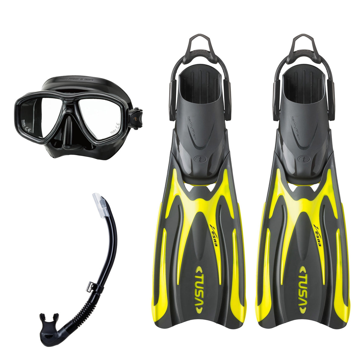 Tusa Freedom Ceos mask and Platina II snorkel in black, with Hyflex Vesna fins in black
